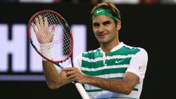 MELBOURNE, AUSTRALIA - JANUARY 18:  Roger Federer of Switzerland celebrates winning his first round match against Nikoloz Basilashvili of Georgia during day one of the 2016 Australian Open at Melbourne Park on January 18, 2016 in Melbourne, Australia.  (Photo by Cameron Spencer/Getty Images)