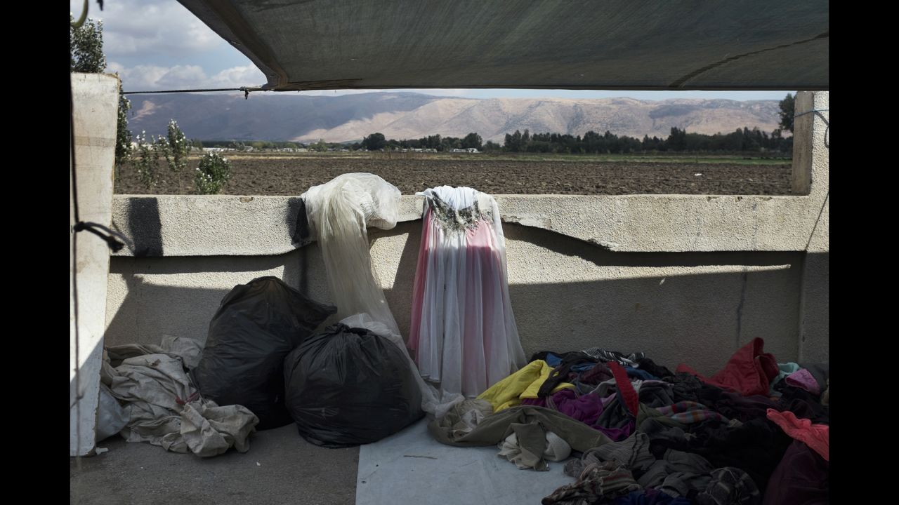 A wedding dress is seen at a market in the Bekaa Valley. Many girls prefer to rent their wedding dress so they can save money, Caldon said.