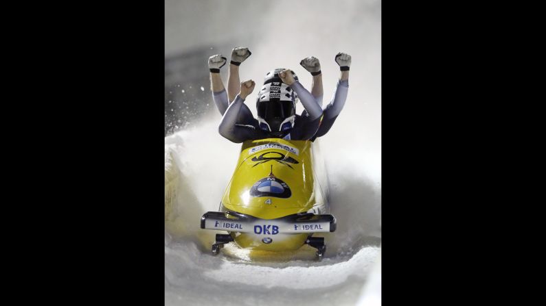 German bobsledders Nico Walther, Marko Hubenbecker, Christian Poser and Eric Franke win a World Cup race in Park City, Utah, on Saturday, January 16.