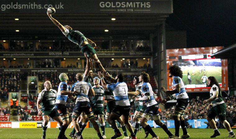 Graham Kitchener wins a lineout for the Leicester Tigers during the English club's match against Benetton Treviso on Saturday, January 16. Leicester defeated its Italian opponents 47-7 to clinch a spot in the quarterfinals of the European Champions Cup.