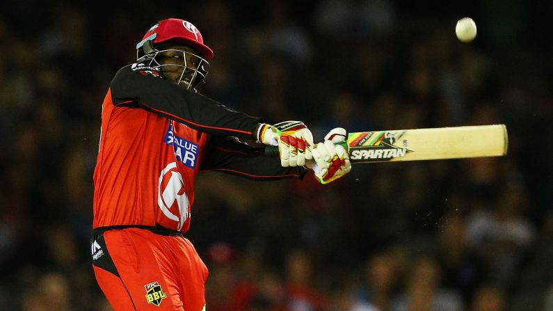 Chris Gayle hits a six during a Big Bash League match in Melbourne on Monday, January 18. Gayle tied the world record for the fastest half-century in Twenty20 cricket (12 balls), but it wasn't enough for the Melbourne Renegades to defeat Adelaide.