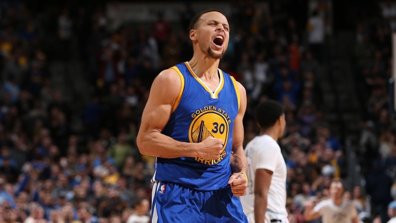 Stephen Curry reacts after hitting a 3-pointer against Denver during an NBA game on Wednesday, January 13.