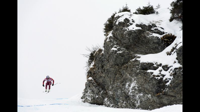 Norwegian skier Aksel Lund Svindal trains for a downhill race in Wengen, Switzerland, on Thursday, January 14.