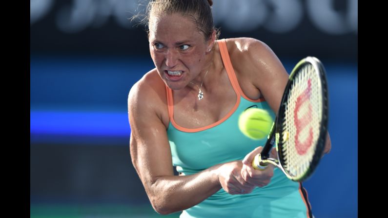 Kateryna Bondarenko hits a return during a first-round match at the Australian Open on Monday, January 18. She defeated Ajla Tomljanovic in straight sets. 