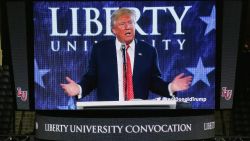 Republican presidential candidate Donald Trump delivers the convocation at the Vines Center on the campus of Liberty University  January 18, 2016 in Lynchburg, Virginia.