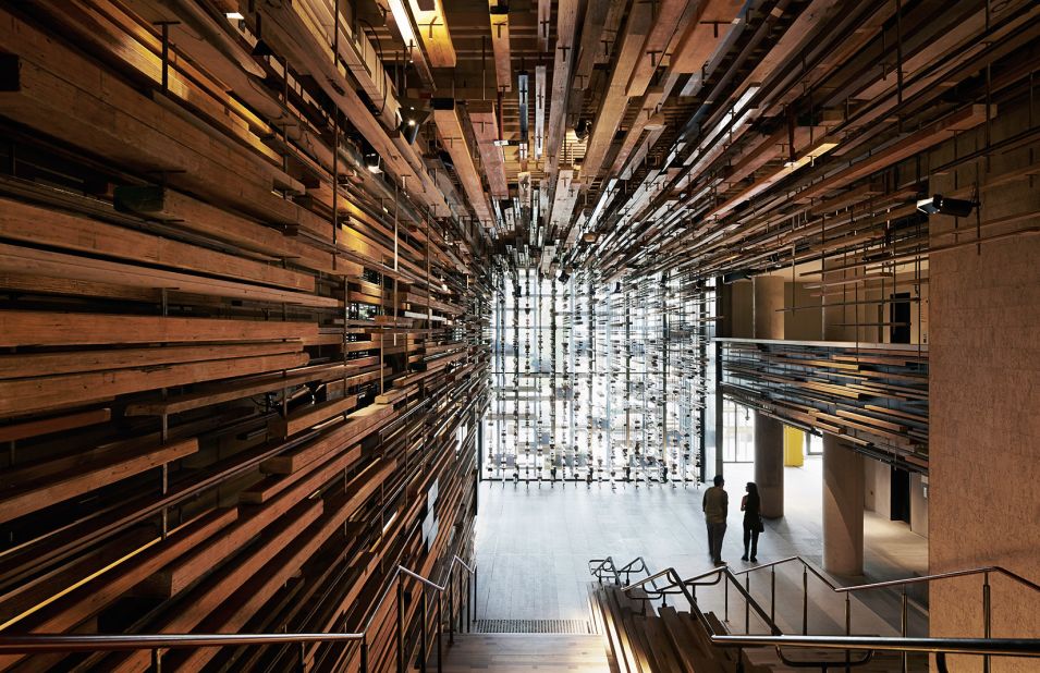 The sculptural timber lobby at Hotel Hotel -- winner of World Interior of the Year -- in Canberra, Australia was designed by March Studio. More than 5000 wood offcuts are fixed to the walls. 
