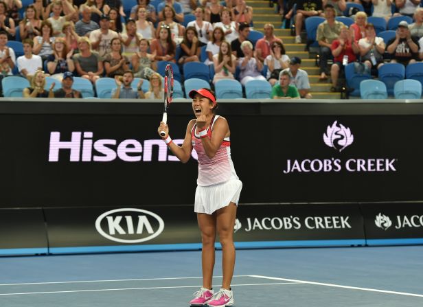 Zhang, who won out 6-4 6-3, was reduced to tears after winning her first ever match at a grand slam at the 15th attempt.