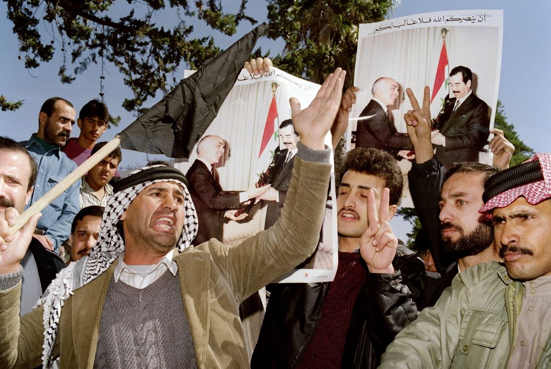 Protesters shout anti-U.S. slogans near the U.S. embassy in Amman, Jordan on February 14, 1991 during a demonstration against the allied bombing of an underground shelter in Baghdad on February 13.