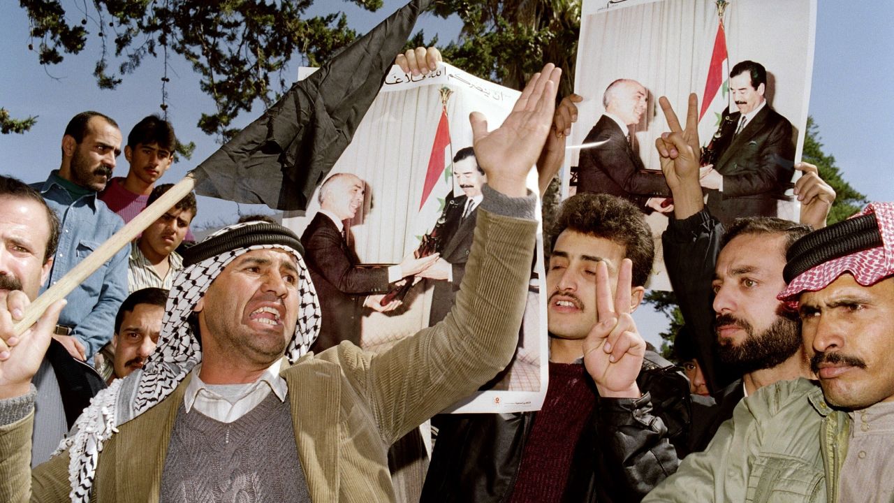 Protesters shout anti-U.S. slogans near the U.S. embassy in Amman, Jordan on February 14, 1991 during a demonstration against the allied bombing of an underground shelter in Baghdad on February 13.