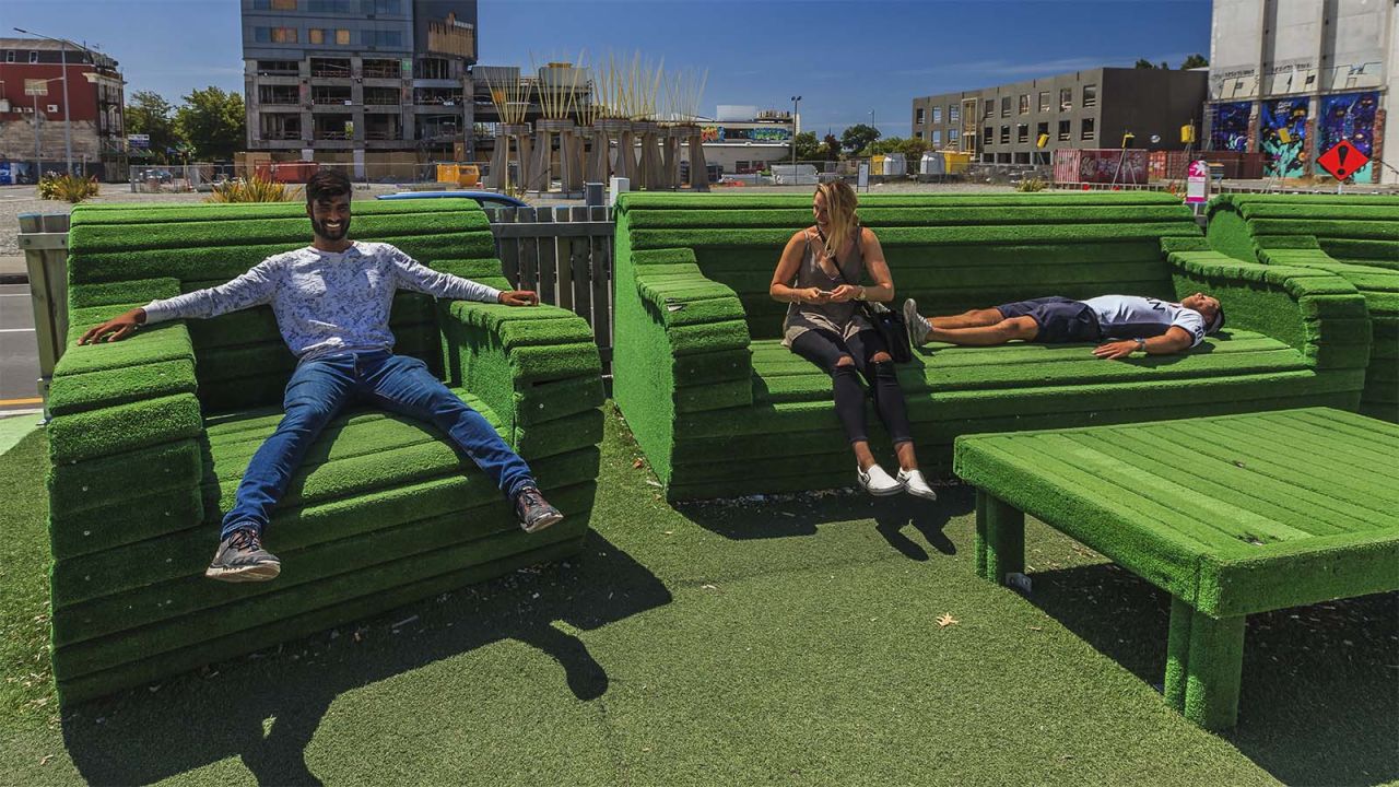 The February 2011 earthquake devastated 80% of the Christchurch CDB. Much of the available empty ground is being filled with art installations, a rare opportunity to re-imagine a city in the modern world. The Greening the Rubble Project has created dozens of gardens in small, unused spaces, like these giant chairs and couches on Gloucester Street.