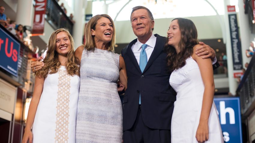 COLUMBUS, OHIO - JULY 21:    Ohio Governor John Kasich stands with his wife Karen (left center) and his daughters Emma (Blonde hair) and Reese (brown hair) after giving his speech announcing his 2016 Presidential candidacy at the Ohio Student Union, at The Ohio State University on July 21, 2015 in Columbus, Ohio. Kasich became the 16th candidate to officially enter the race for the Republican presidential nomination.  (Photo by Ty Wright/Getty Images)