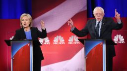 Democratic presidential candidates Hillary Clinton (L) and Senator Bernie Sanders (I-VT) participate in the Democratic Candidates Debate hosted by NBC News and YouTube on January 17, 2016 in Charleston, South Carolina.