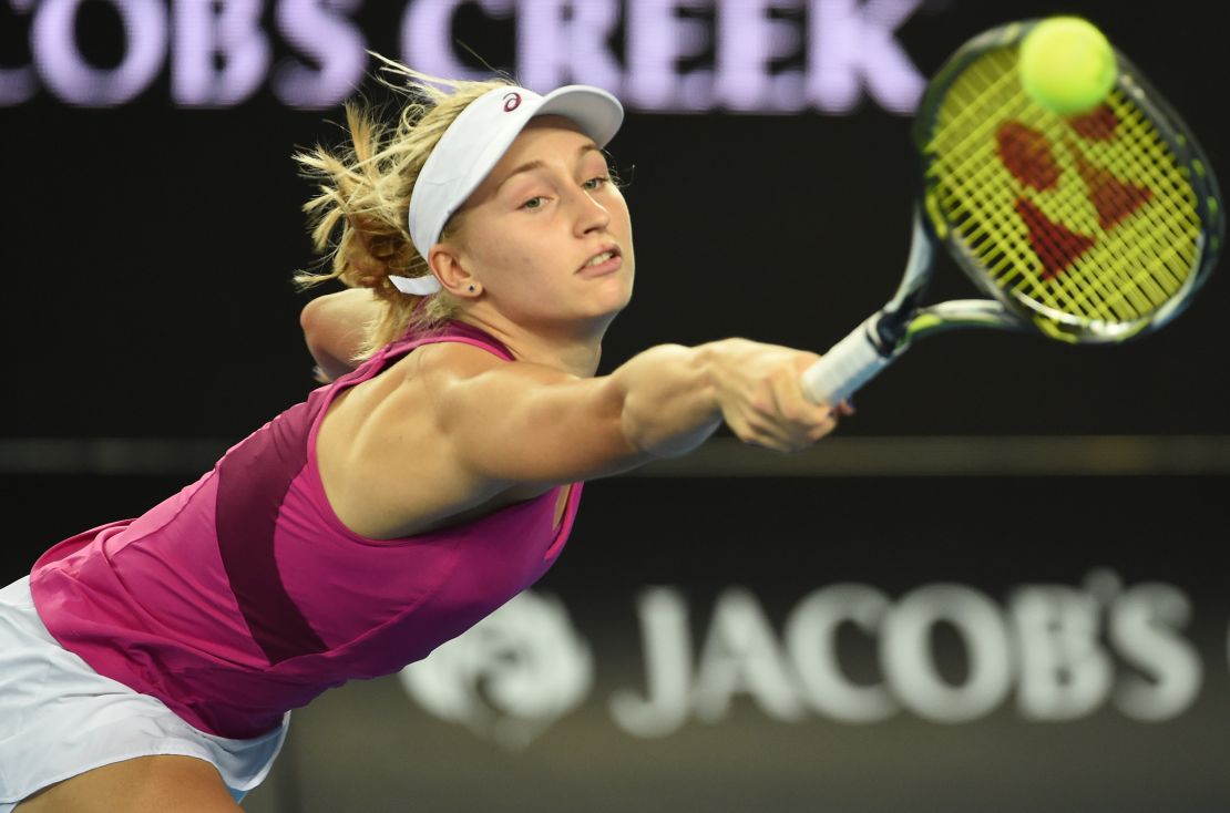 Daria Gavrilova plays a backhand return during her women's singles match against Petra Kvitova. 