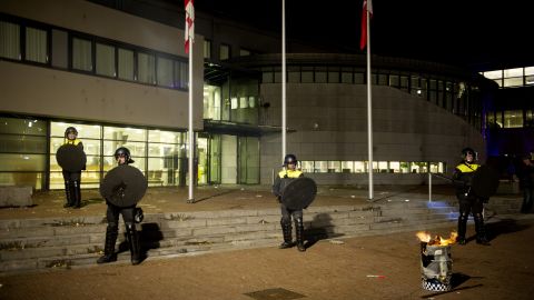 Police in Heesch, the Netherlands, at a demonstration against plans to open a center for asylum seekers.