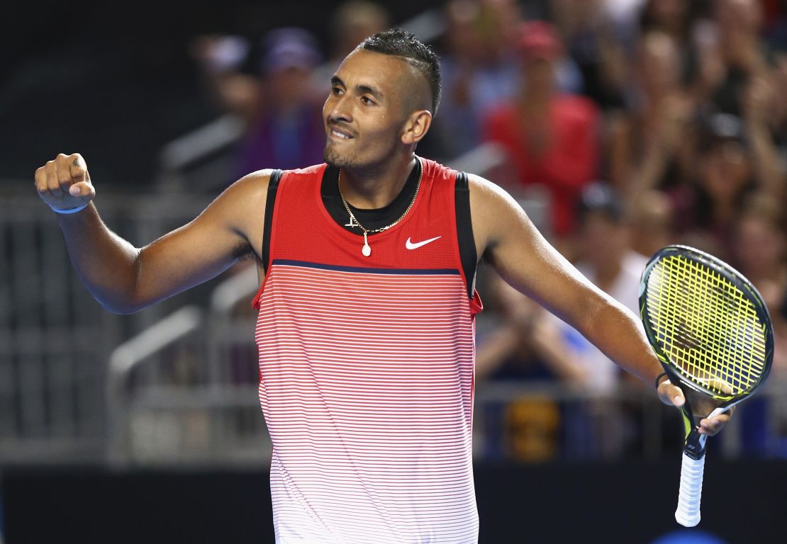 Nick Kyrgios celebrates match point in his second round Australian Open match against Pablo Cuevas.