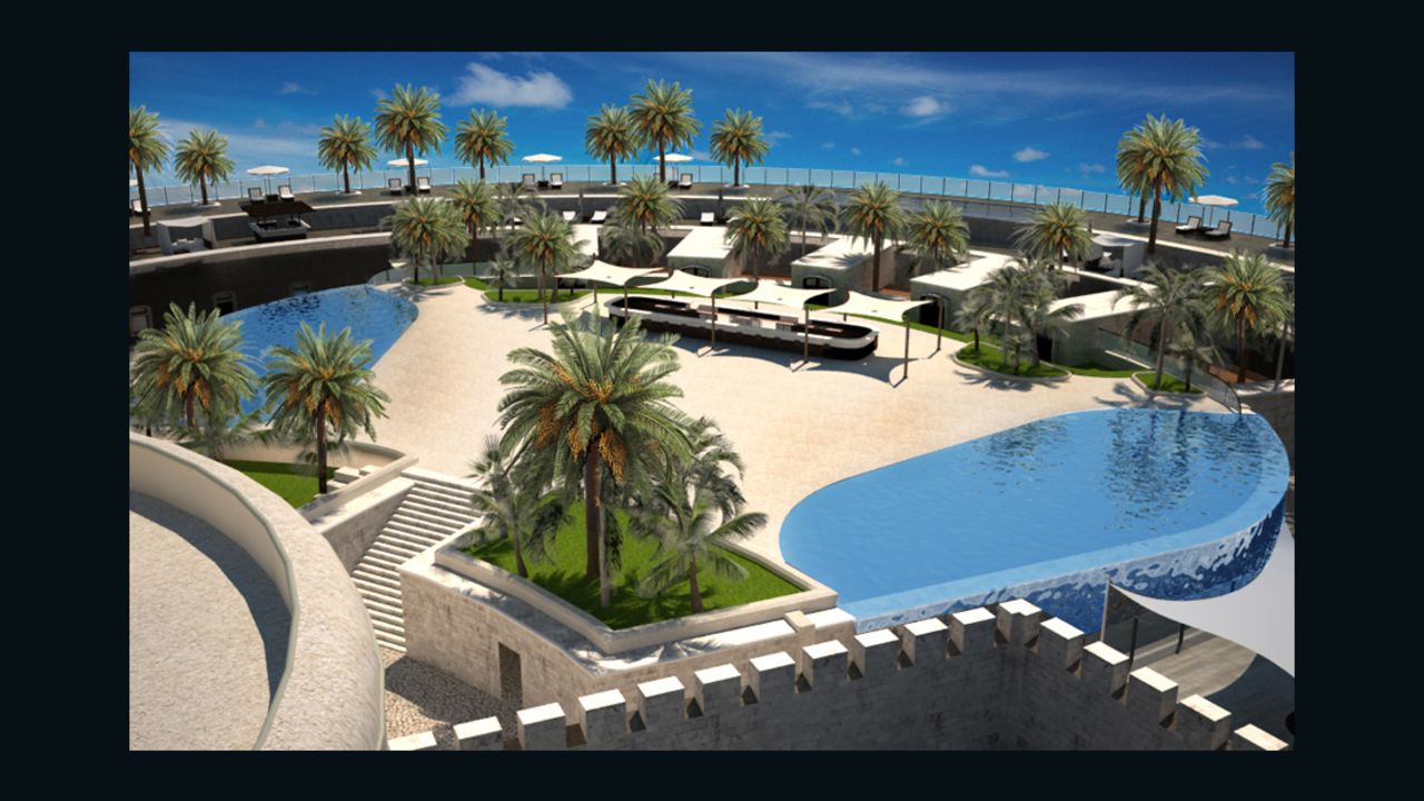 Swimming pools and palm trees: A visualization of the luxury resort that will be built on Mamula Island. Source: mamulaisland.com