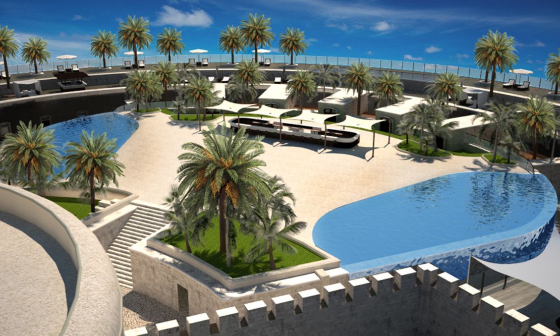 Swimming pools and palm trees: A visualization of the luxury resort that will be built on Mamula Island. Source: mamulaisland.com