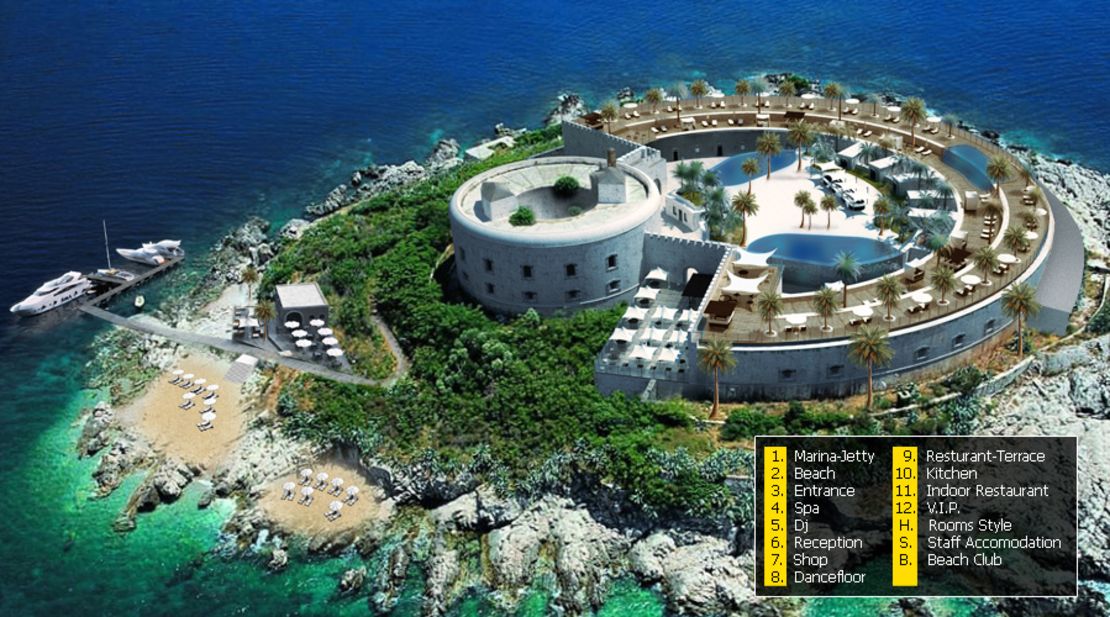 A visualization simulating an aerial view of the luxury resort that will be built on Mamula Island