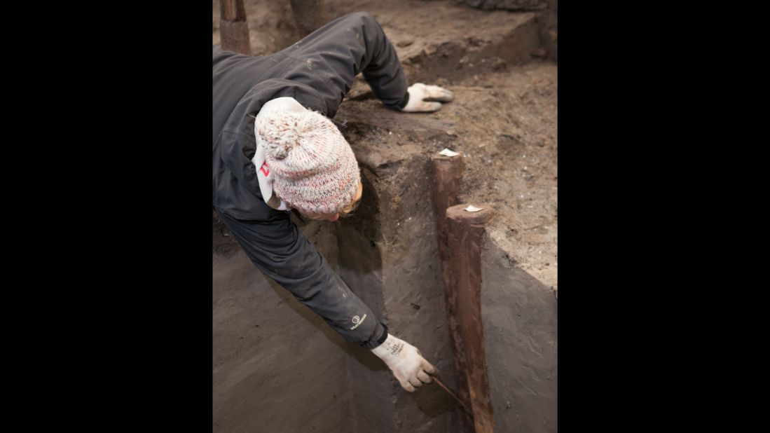 Marks left in wood show that the villagers used axes.