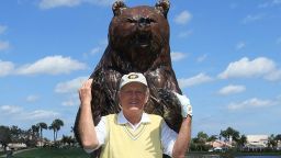 PALM BEACH GARDENS, FL - MARCH 15: Jack Nicklaus poses with the bear on the 15th tee that signifies the final four holes known as the 'Bear Trap' on the Champion Course during the Els for Autism Pro-Am on the Champions Course at the PGA National Golf Club on March 15, 2010 in Palm Beach Gardens, Florida.  (Photo by David Cannon/Getty Images)