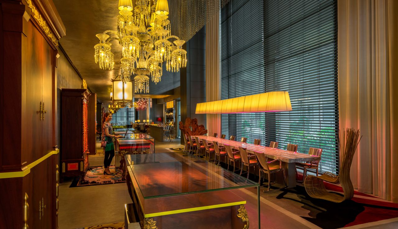 <strong>The South Beach:</strong> The highlights of the Philippe Starck designed lobby include the freestanding reception desks as well as individually designed chandeliers hanging over them.