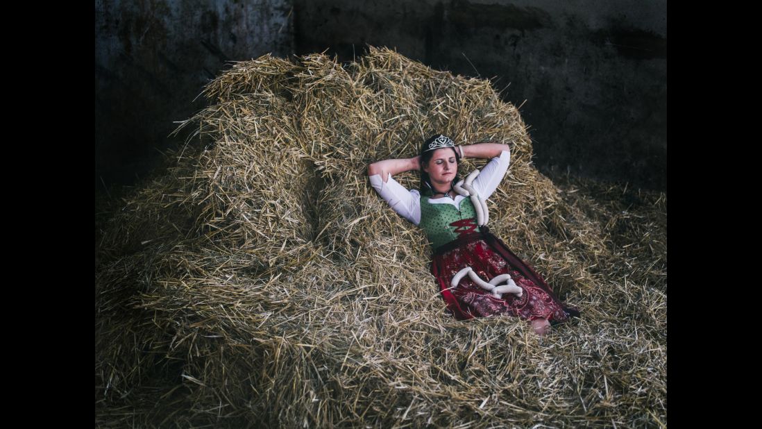 The Queen of the Bavarian Veal Sausage (2014-2015) lies on hay in Münchsteinach, Germany.