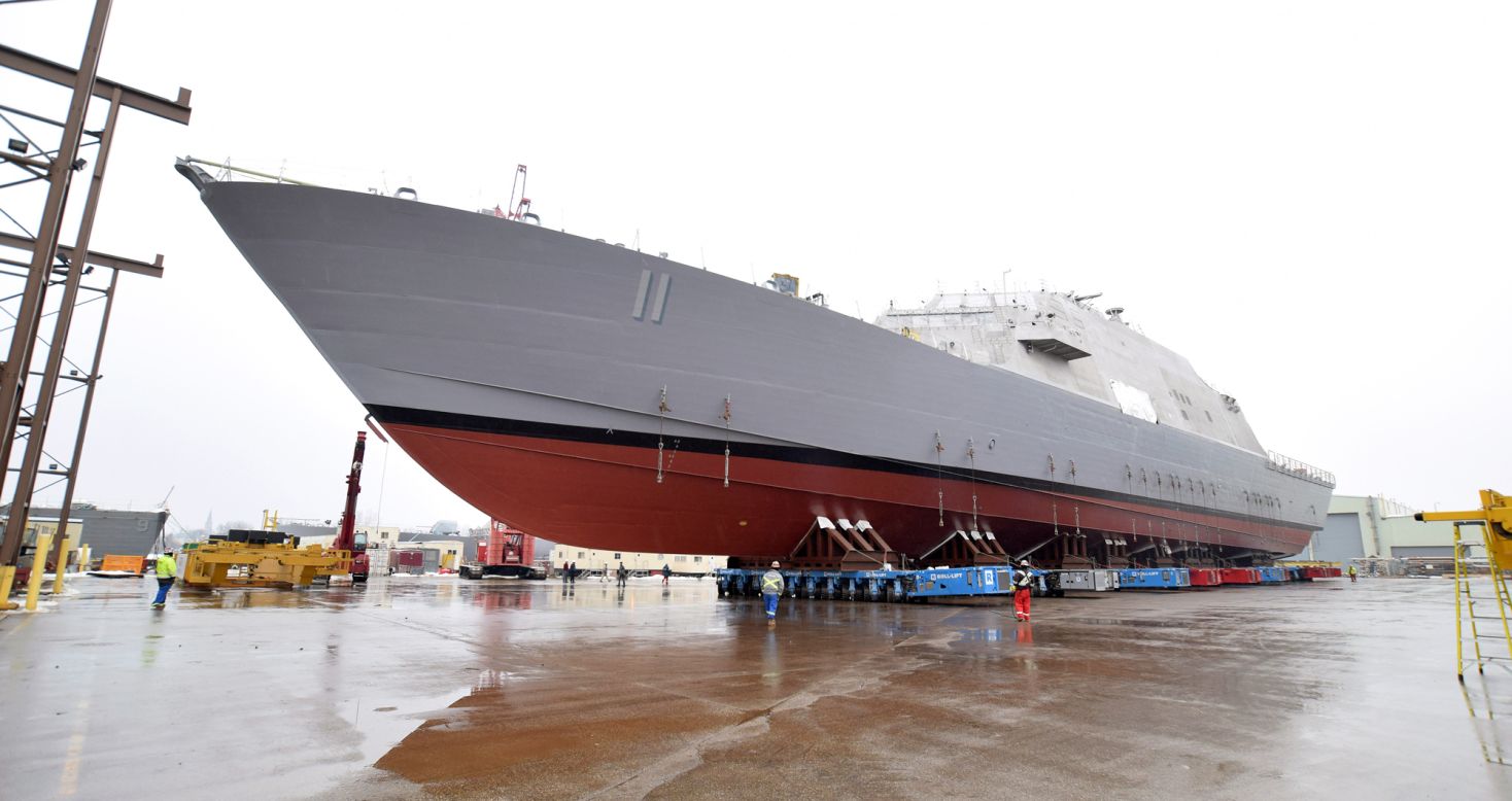 The littoral combat ship USS Sioux City (LCS 11) is prepared for launch at the Lockheed-Martin facility in Marinette, Wisconsin.
