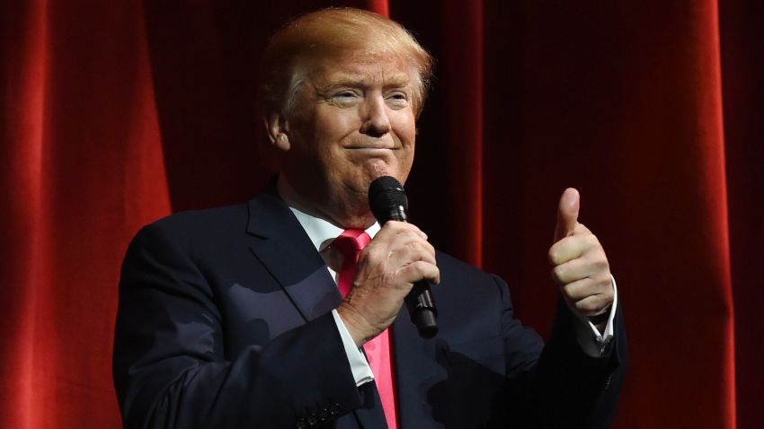LAS VEGAS, NV - JANUARY 21:  Republican presidential candidate Donald Trump gives a thumbs-up as he speaks during the Outdoor Channel and Sportsman Channel's 16th annual Outdoor Sportsman Awards at The Venetian Las Vegas during the 2016 National Shooting Sports Foundation's Shooting, Hunting, Outdoor Trade (SHOT) Show on January 21, 2016 in Las Vegas, Nevada. The SHOT Show, the world's largest annual trade show for shooting, hunting and law enforcement professionals, runs through January 23 and features 1,600 exhibitors showing off their latest products and services to more than 62,000 attendees.  (Photo by Ethan Miller/Getty Images)