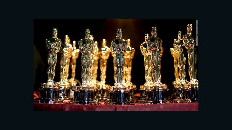 Oscar statuettes on display.