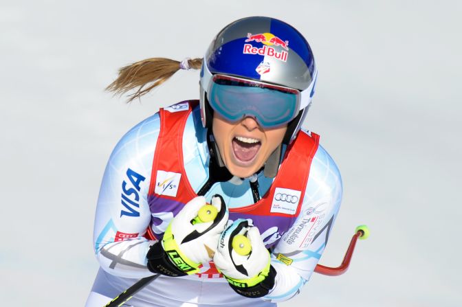 Lindsey Vonn screams with joy after clocking a time of one minute and 37.01 seconds in the women's World Cup downhill event at Cortina d'Ampezzo, Italy.