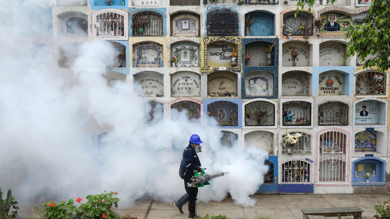 A worker fumigates against Zika virus carrying mosquitoes in Peru.