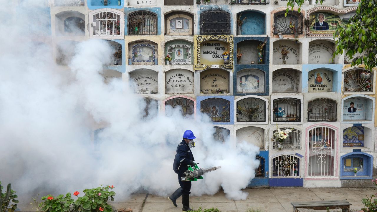 A worker fumigates against Zika virus carrying mosquitoes in Peru.