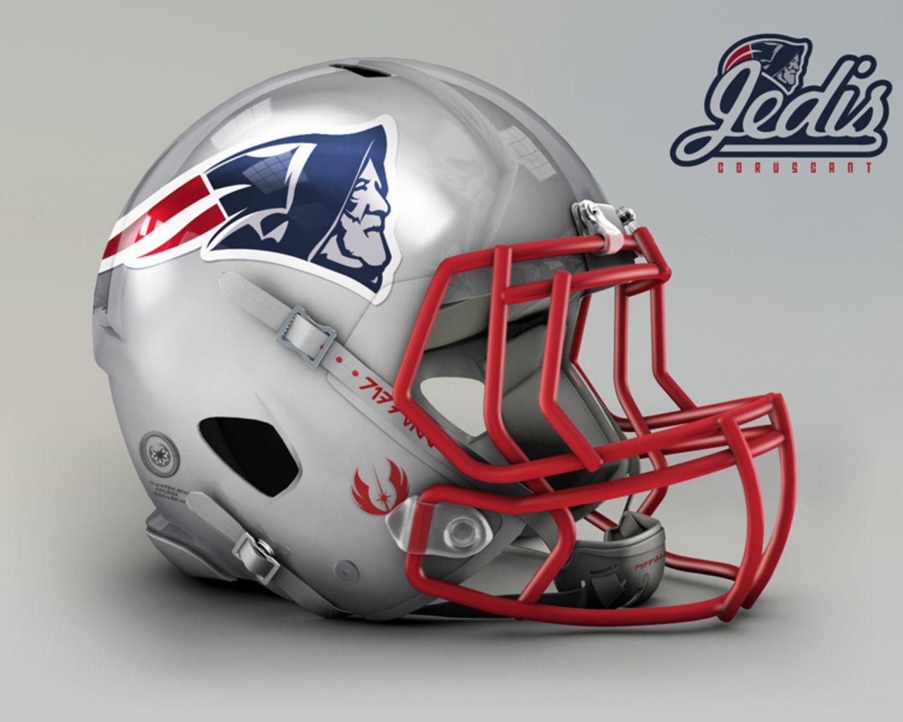 The most successful football franchise of the last decade, the <a href="http://www.patriots.com/" target="_blank" target="_blank">New England Patriots</a>, maintain their Stars & Stripes color code and become Jedis. The hooded one portrayed on the helmet is Obi-Wan Kenobi, but to Patriots fans it could well be coach Bill Belichick.