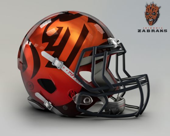 Planet Iridonia is home to a species of horned, human-like beings made famous by evil Darth Maul, the bad guy from The Phantom Menace. The strange pattern of his black-and-red skin is a dead ringer to the helmet design of the<a  target="_blank" target="_blank"> Cincinnati Bengals</a>.<br />See the remaining NFL teams at<a  target="_blank" target="_blank"> John Raya's website</a>.