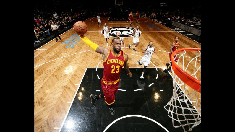 LeBron James goes up for a dunk during an NBA game in Brooklyn, New York, on Wednesday, January 20.