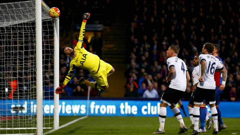 Tottenham goalkeeper Hugo Lloris makes a save against Crystal Palace during a Premier League match in London on Saturday, January 23. Tottenham won the match 3-1.