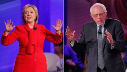 Hillary Clinton and Bernie Sanders are pictured at the CNN Democratic town hall in Des Moines, Iowa, on January 25, 2016, in this composite image.