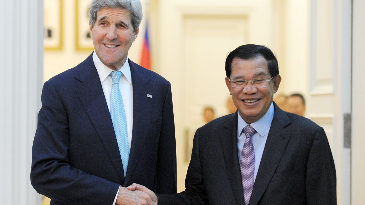 U.S. Secretary of State John Kerry, left, shakes hands with Cambodian Prime Minister Hun Sen during a meeting Tuesday at the Peace Palace in Phnom Penh, Cambodia.
