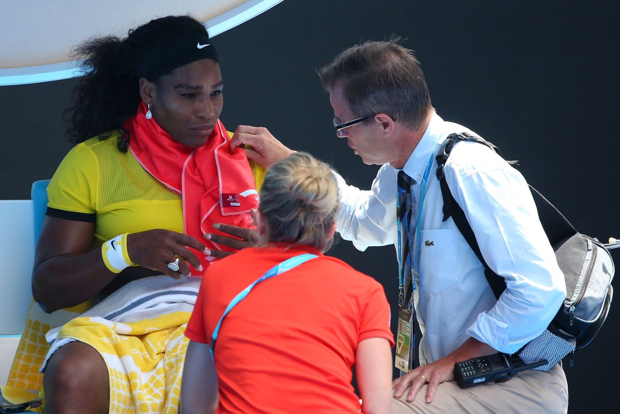 The world No. 1 was forced to see the tournament doctor twice and was given a fruit bar. Her coach Patrick Mouratoglou told reporters she felt dizzy and Williams herself admittied she had suffered food poisoning just days earlier.