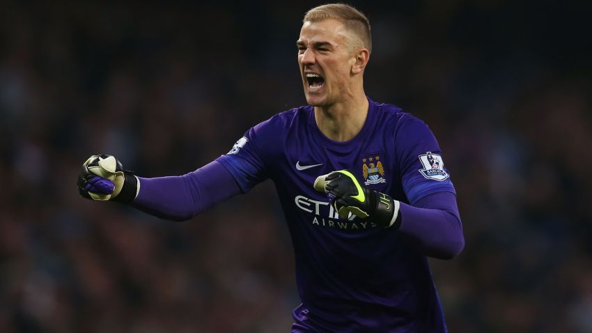 MANCHESTER, ENGLAND - OCTOBER 31:  Joe Hart of Manchester City celeberate his team's first goal by Nicolas Otamendi (not pictured) during the Barclays Premier League match between Manchester City and Norwich City at Etihad Stadium on October 31, 2015 in Manchester, England.  (Photo by Chris Brunskill/Getty Images)