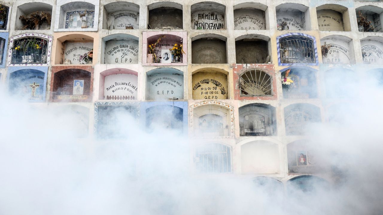 A graveyard in Lima, Peru, is fumigated on Friday, January 15.