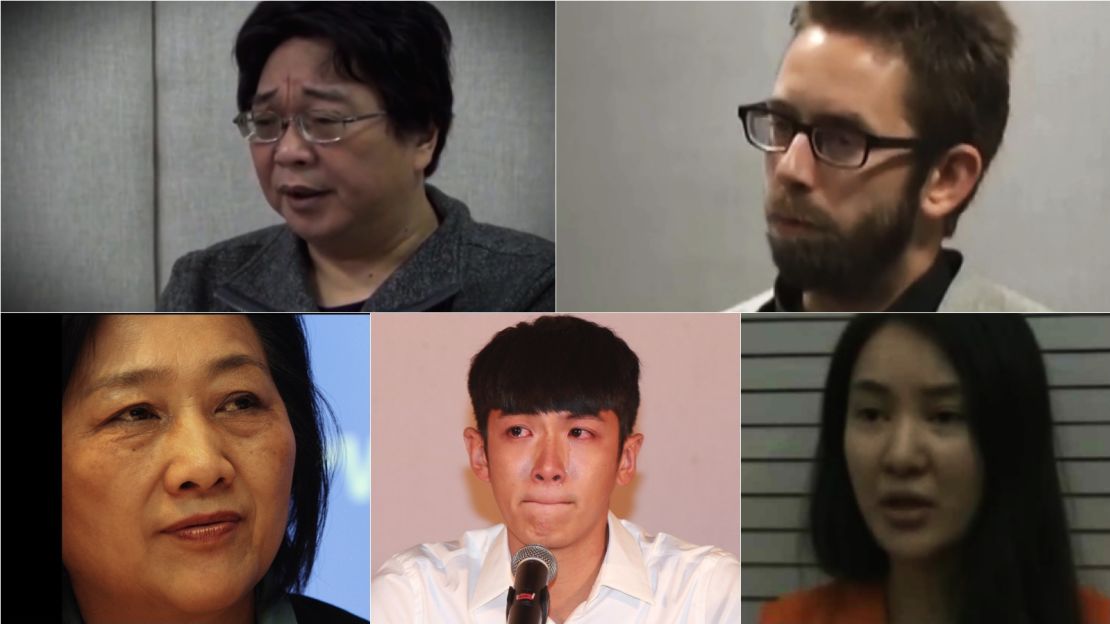 From top left: Hong Kong bookseller Gui Minhai, Swedish human rights activist Peter Dahlin,  Internet celebrity Guo Meimei, actor Kai Ko, journalist Gao Yu. All have appeared on CCTV and confessed to crimes. 