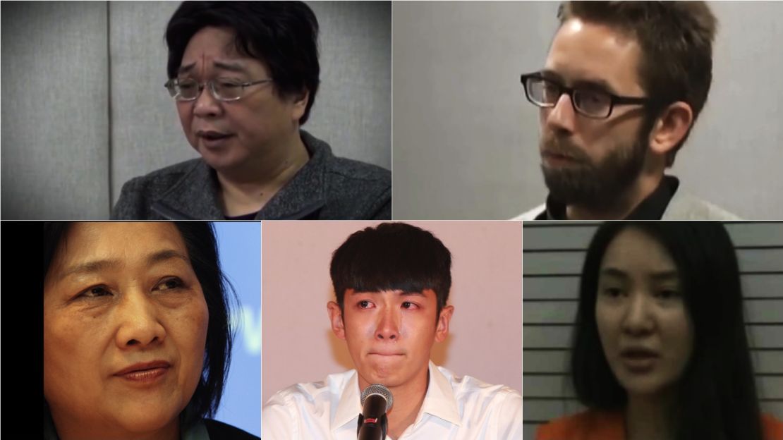 From top left: Hong Kong bookseller Gui Minhai, Swedish human rights activist Peter Dahlin, Internet celebrity Guo Meimei, actor Kai Ko, journalist Gao Yu. All have appeared on CCTV and confessed to crimes.
