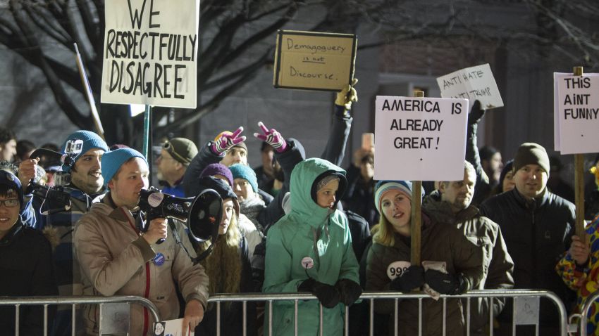 Protesters rally outside of Republican presidential frontrunner Donald Trump's event at the Flynn Center for the Performing Arts on January 7, 2016 in Burlington, Vermont.