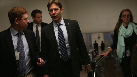 Sen. Ben Sasse (R-NE) (3L) arrives at the Capitol for a cloture vote on the Keystone XL Pipeline January 26, 2015 on Capitol Hill in Washington, DC.