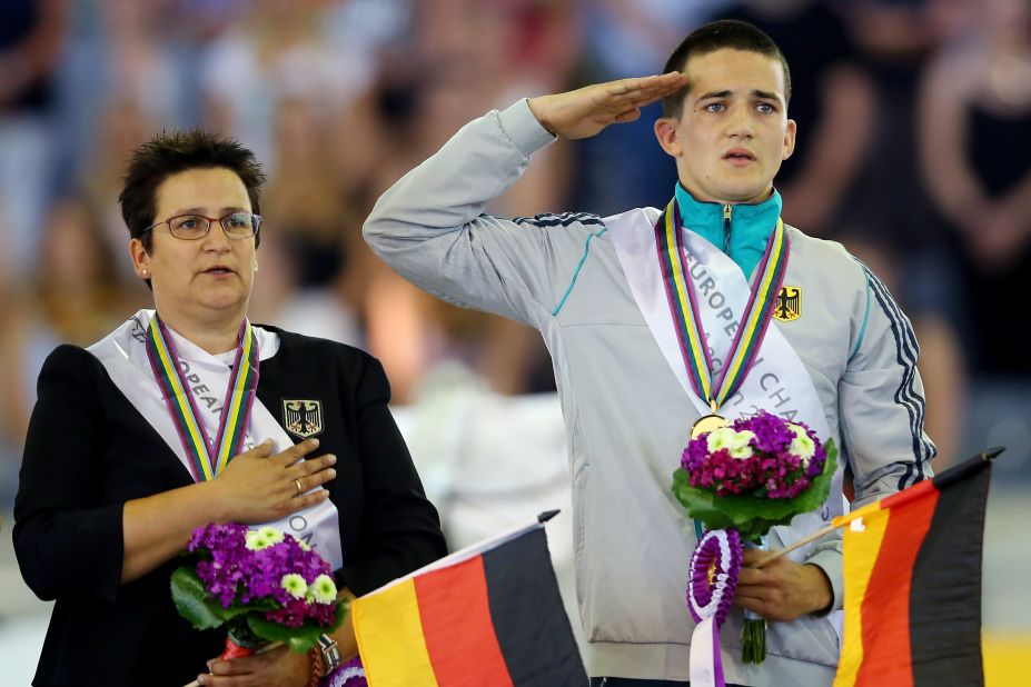 Drewell and his mother Simone on the podium in Aachen at the 2015 FEI European Equestrian Championship. "My mother is my trainer, my coach and my lunger (the person who holds the reins and keeps the horse cantering in a circle)." She is really important for me because she does the work together with the horses. I don't know what it's like to have a trainer who's not your mother ... so yeah, that's really great!"<br />