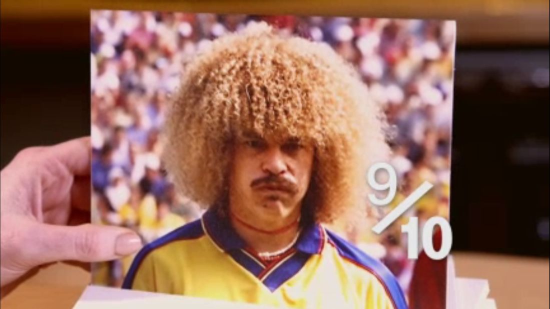 Hart is in awe at the sight of Carlos Valderrama. "Amazing...that is amazing ... yeah, amazing. It's a 9/10. It is terrible, but he worked it." Today, the likes of Marouane Fellaini and David Luiz try in vain to continue the Colombia midfielder's legacy. In truth, he has no hair apparent.<br />