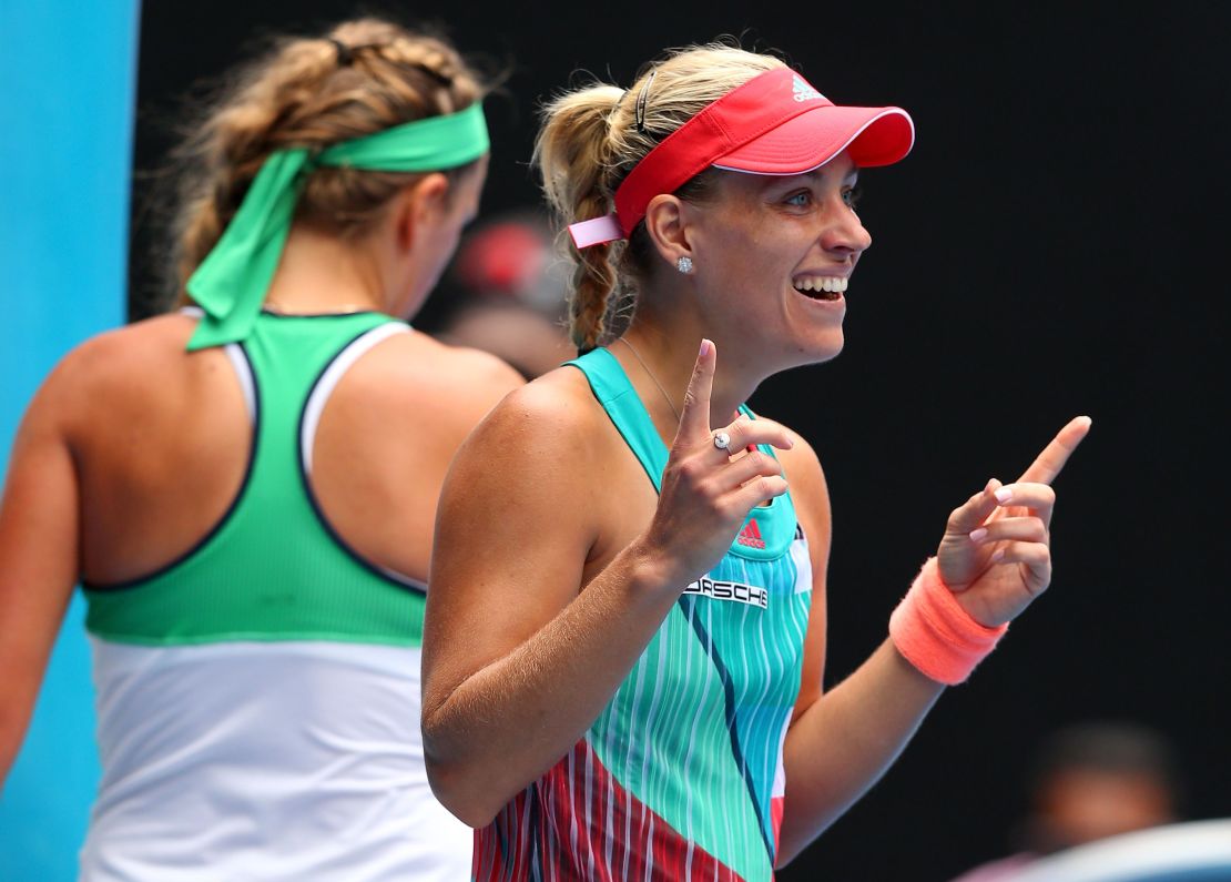 Angelique Kerber of Germany celebrates winning her quarter final match against Victoria Azarenka of Belarus.