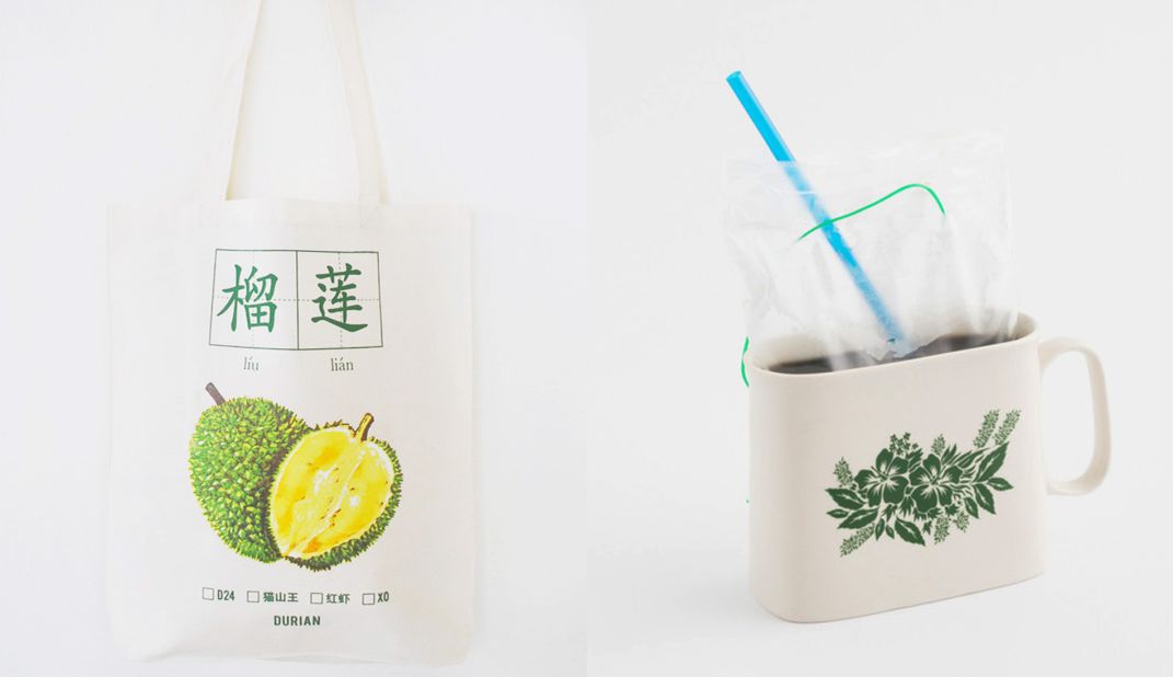 Looking for a souvenir from Singapore? Here are some unique products actually designed in Singapore. On the left is a tote bag celebrating the nation's love for durians and on the right is a kopi (coffee) mug -- takeaway kopi in Singapore still comes in a plastic bag. Both items can be purchased at Gallery & Co.