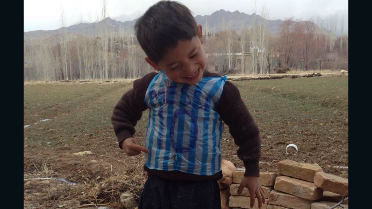 An image posted to Hamayon's Facebook page shows his little brother dancing in his makeshift shirt.